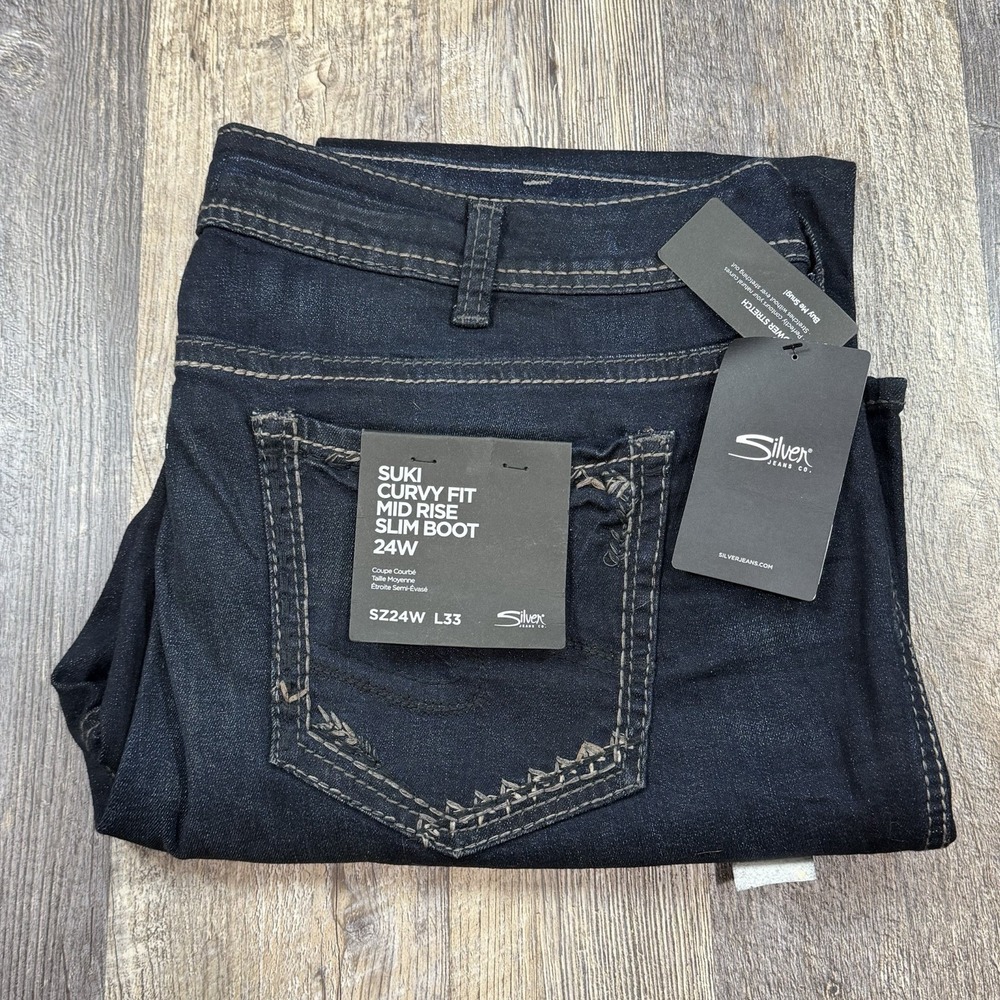 Silver Jeans Suki Slim Boot‎ Jeans Womens 24W x 33 Dark Wash Mid Rise Curvy Fit